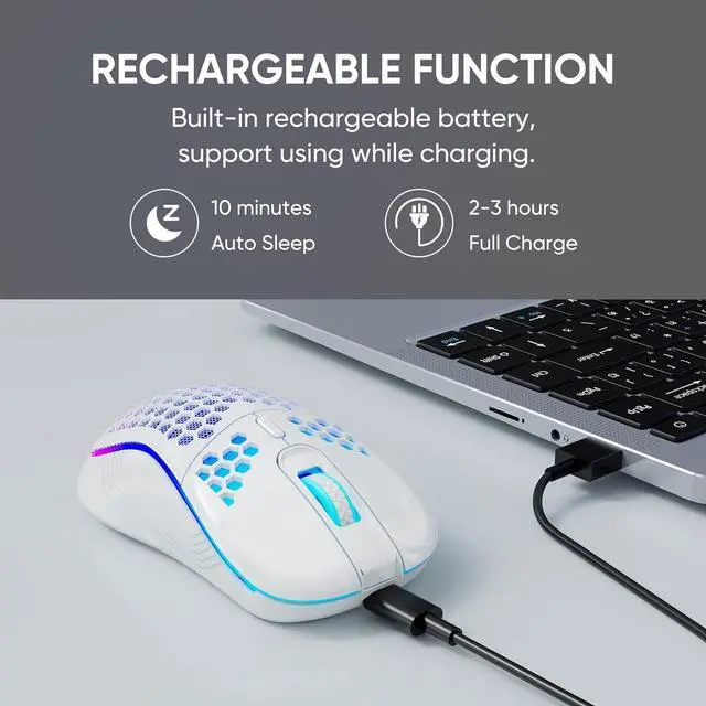 Alt view image 6 of 7 - Wireless Gaming Mouse Honeycomb 2.4G USB Cordless Mouse RGB Rechargeable PC Game Mice with 7-Color LED Lights,3 Adjustable DPI for Windows Laptop Desktop Computers - White