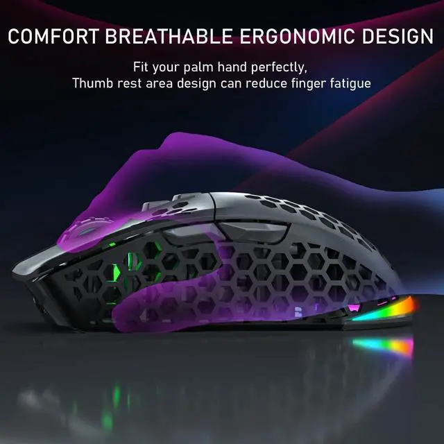 Alt view image 7 of 7 - SM600 Wireless Gaming Mouse with Tri-Modes(BT5.1+BT5.1+2.4G),Rechargeable RGB Wireless Mouse with Honeycomb Shell,Side Buttons Computer Gaming Mice,Black