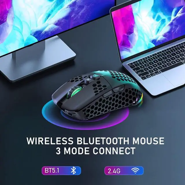 Alt view image 3 of 7 - SM600 Wireless Gaming Mouse with Tri-Modes(BT5.1+BT5.1+2.4G),Rechargeable RGB Wireless Mouse with Honeycomb Shell,Side Buttons Computer Gaming Mice,Black