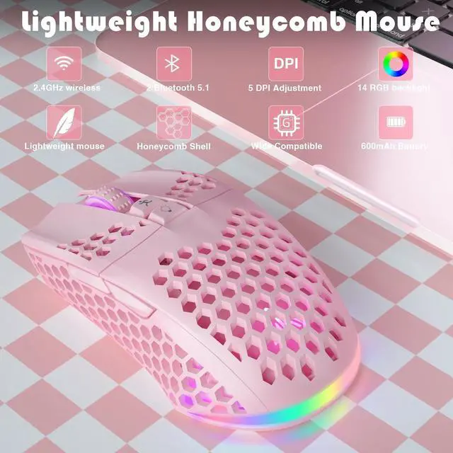 Alt view image 2 of 6 - SM600 Pink Wireless Gaming Mouse Bluetooth with Honeycomb Shell, Side Buttons,Tri-Modes(BT5.1+BT5.1+2.4GHz) Lightweight RGB Wireless Mouse for PC/Tablet/Desktop/Office/Games