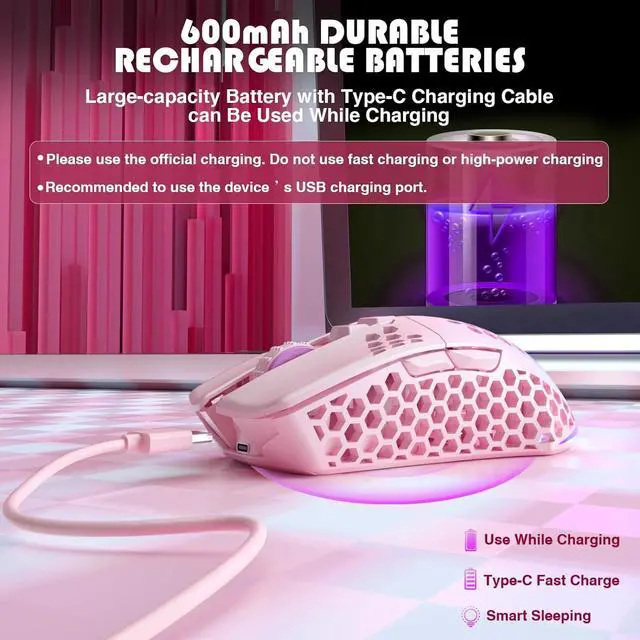 Alt view image 5 of 6 - SM600 Pink Wireless Gaming Mouse Bluetooth with Honeycomb Shell, Side Buttons,Tri-Modes(BT5.1+BT5.1+2.4GHz) Lightweight RGB Wireless Mouse for PC/Tablet/Desktop/Office/Games