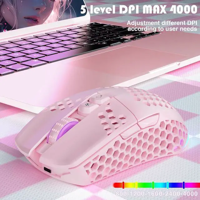Alt view image 4 of 6 - SM600 Pink Wireless Gaming Mouse Bluetooth with Honeycomb Shell, Side Buttons,Tri-Modes(BT5.1+BT5.1+2.4GHz) Lightweight RGB Wireless Mouse for PC/Tablet/Desktop/Office/Games
