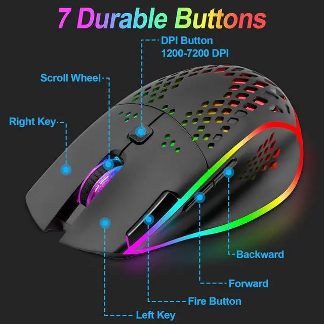 Alt view image 4 of 7 - Wireless Gaming Mouse, C30 Silent Click Wireless Rechargeable Gaming Mouse with Double-Click Key and Colorful LED Lights, 3 Level Adjustable DPI, 400mah Lithium Battery for Gaming and Working