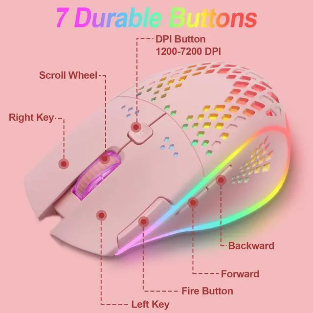 Alt view image 4 of 7 - Wireless Gaming Mouse, C30 Silent Click Wireless Rechargeable Gaming Mouse with Double-Click Key and Colorful LED Lights, 3 Level Adjustable DPI, 400mah Lithium Battery for Gaming and Working Pink
