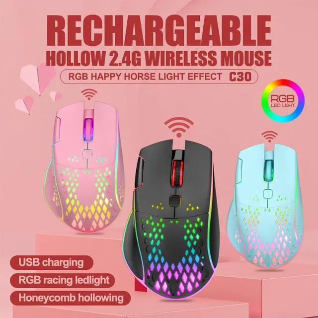 Alt view image 6 of 7 - Wireless Gaming Mouse, C30 Silent Click Wireless Rechargeable Gaming Mouse with Double-Click Key and Colorful LED Lights, 3 Level Adjustable DPI, 400mah Lithium Battery for Gaming and Working Pink