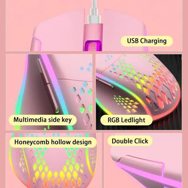 Alt view image 3 of 7 - Wireless Gaming Mouse, C30 Silent Click Wireless Rechargeable Gaming Mouse with Double-Click Key and Colorful LED Lights, 3 Level Adjustable DPI, 400mah Lithium Battery for Gaming and Working Pink