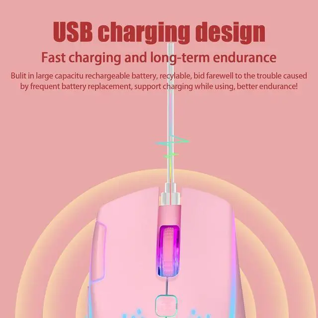 Alt view image 5 of 7 - Wireless Gaming Mouse, C30 Silent Click Wireless Rechargeable Gaming Mouse with Double-Click Key and Colorful LED Lights, 3 Level Adjustable DPI, 400mah Lithium Battery for Gaming and Working Pink