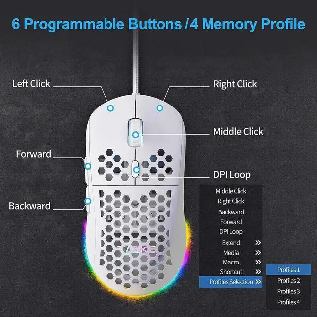 Alt view image 3 of 7 - Falcon M1SE Ultralight Honeycomb Gaming Mouse, High-Precision 12800DPI Optical Sensor, 6 Programmable Buttons, Customizable RGB, Drag-Free Paracord, Ergonomic Wired Gaming Mouse - White