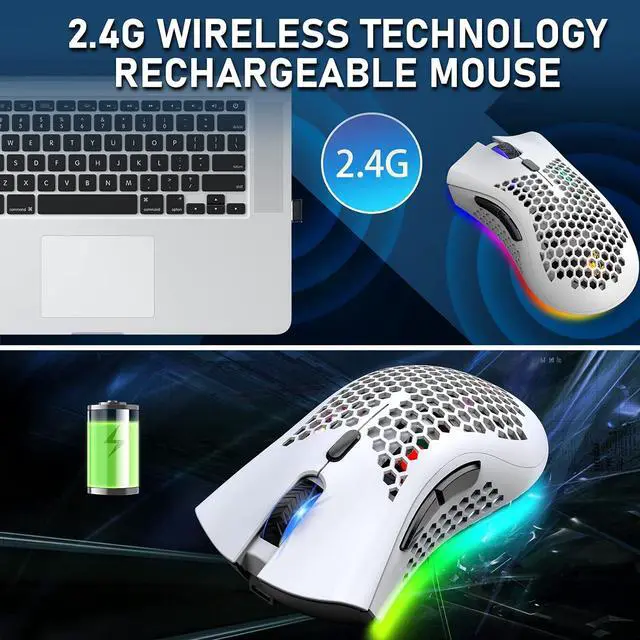Alt view image 2 of 7 - Wireless Lightweight Gaming Mouse Honeycomb with 7 Button Multi RGB Backlit Perforated Ergonomic Shell Optical Sensor Adjustable DPI Rechargeable 800mAh Battery USB Receiver for PC Mac Gamer(White)