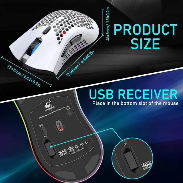Alt view image 3 of 7 - Wireless Lightweight Gaming Mouse Honeycomb with 7 Button Multi RGB Backlit Perforated Ergonomic Shell Optical Sensor Adjustable DPI Rechargeable 800mAh Battery USB Receiver for PC Mac Gamer(White)