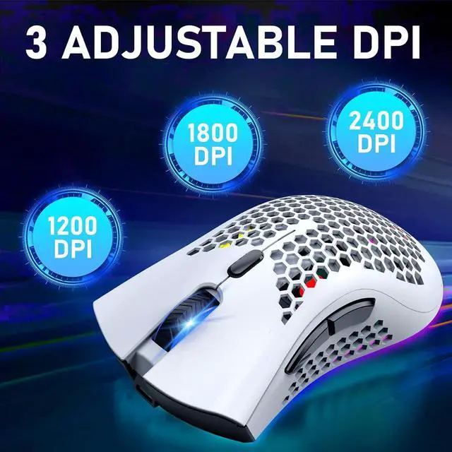 Alt view image 5 of 7 - Wireless Lightweight Gaming Mouse Honeycomb with 7 Button Multi RGB Backlit Perforated Ergonomic Shell Optical Sensor Adjustable DPI Rechargeable 800mAh Battery USB Receiver for PC Mac Gamer(White)
