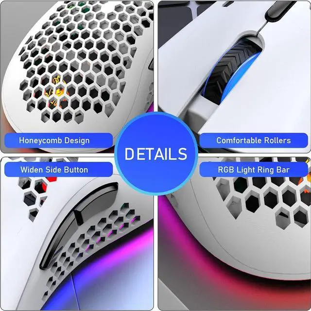 Alt view image 7 of 7 - Wireless Lightweight Gaming Mouse Honeycomb with 7 Button Multi RGB Backlit Perforated Ergonomic Shell Optical Sensor Adjustable DPI Rechargeable 800mAh Battery USB Receiver for PC Mac Gamer(White)