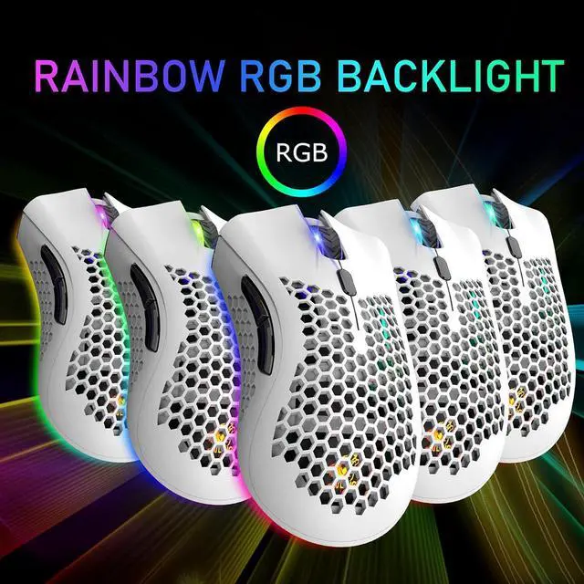 Alt view image 4 of 7 - Wireless Lightweight Gaming Mouse Honeycomb with 7 Button Multi RGB Backlit Perforated Ergonomic Shell Optical Sensor Adjustable DPI Rechargeable 800mAh Battery USB Receiver for PC Mac Gamer(White)