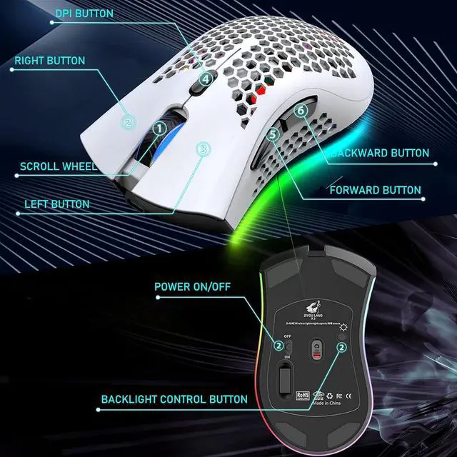 Alt view image 6 of 7 - Wireless Lightweight Gaming Mouse Honeycomb with 7 Button Multi RGB Backlit Perforated Ergonomic Shell Optical Sensor Adjustable DPI Rechargeable 800mAh Battery USB Receiver for PC Mac Gamer(White)