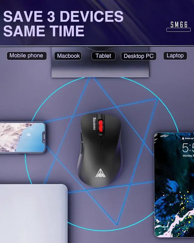 Alt view image 3 of 7 - SM66 Black Silent Dual Mode Bluetooth/2.4GHz Wireless Mouse, Adjustable 4200 DPI,Rechargeable Wireless Computer Mouse for PC Mac Laptop, Desktop