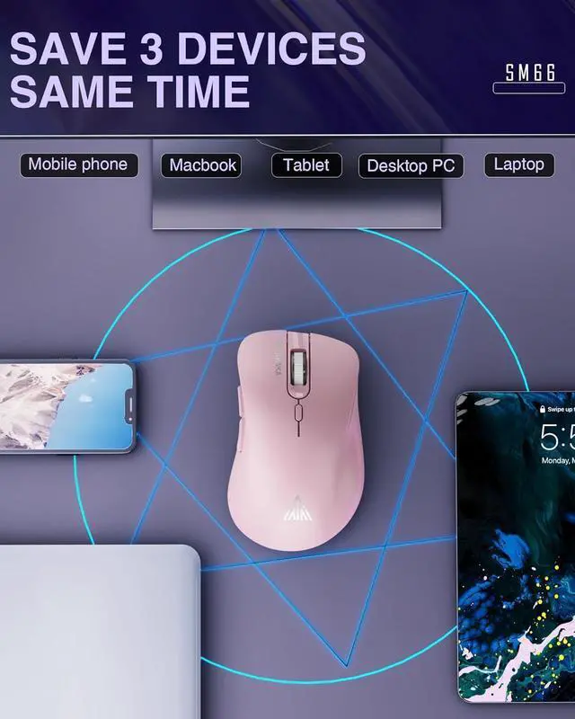 Alt view image 3 of 7 - SM66 Black Silent Dual Mode Bluetooth/2.4GHz Wireless Mouse, Adjustable 4200 DPI,Rechargeable Wireless Computer Mouse for PC Mac Laptop, Desktop Pink