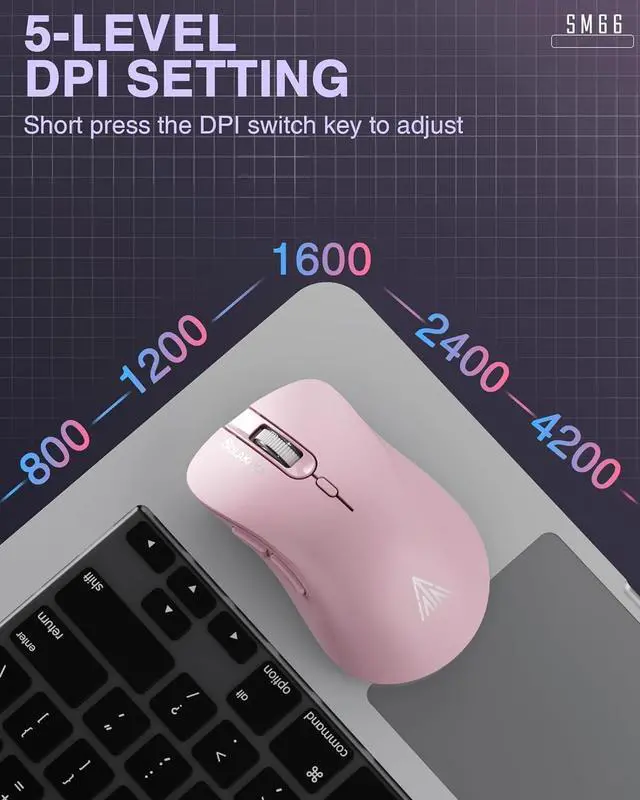 Alt view image 4 of 7 - SM66 Black Silent Dual Mode Bluetooth/2.4GHz Wireless Mouse, Adjustable 4200 DPI,Rechargeable Wireless Computer Mouse for PC Mac Laptop, Desktop Pink