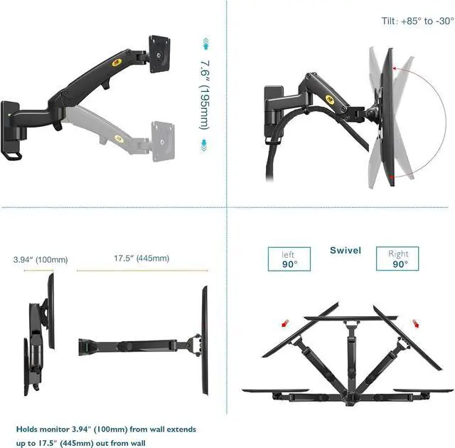 Alt view image 5 of 6 - TV Monitor Wall Mount Bracket Full Motion Articulating Swivel for 17-35" Monitors (Load Capacity from 4.4 to 22lbs) Double Extension