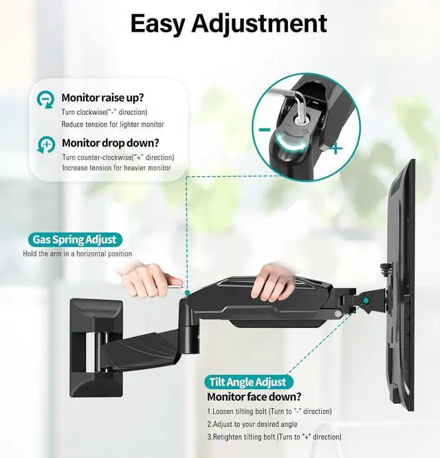 Alt view image 2 of 7 - Monitor Wall Mount for Max 32 Inch Computer Screen, Premium Heavy Duty Single Monitor Arm, Full Motion Wall Monitor Mount with VESA Extension Kit, Max VESA 200x200mm