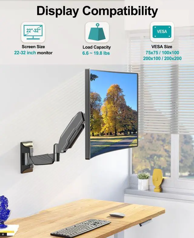 Alt view image 5 of 7 - Monitor Wall Mount for Max 32 Inch Computer Screen, Premium Heavy Duty Single Monitor Arm, Full Motion Wall Monitor Mount with VESA Extension Kit, Max VESA 200x200mm