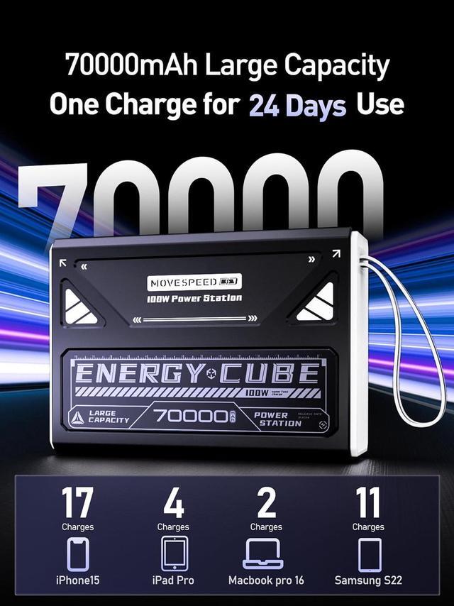 Alt view image 2 of 7 - Power Bank 70,000mAh 100W, Support 4 Outputs Fast Charging, External Battery Bank with Digital Display, Lighting and SOS Mode, USB-C Battery Packs for Laptop,iPhone,Camping,Cyberpunk Style