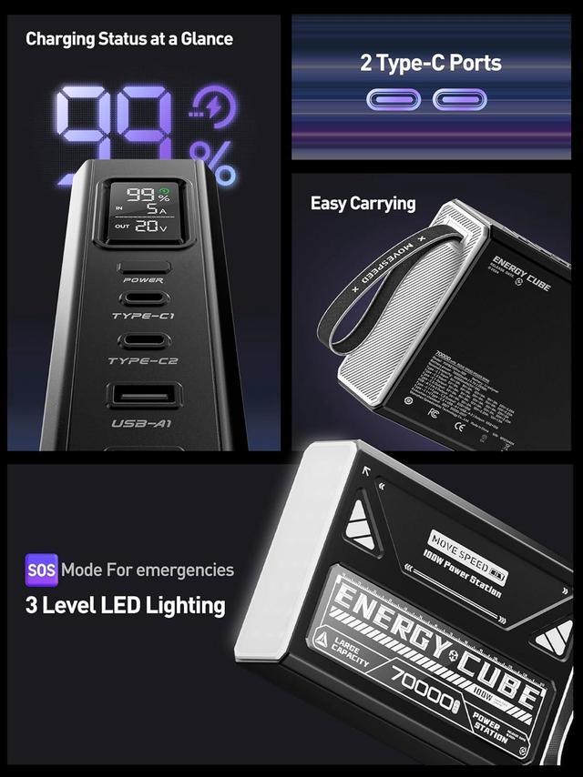 Alt view image 5 of 7 - Power Bank 70,000mAh 100W, Support 4 Outputs Fast Charging, External Battery Bank with Digital Display, Lighting and SOS Mode, USB-C Battery Packs for Laptop,iPhone,Camping,Cyberpunk Style