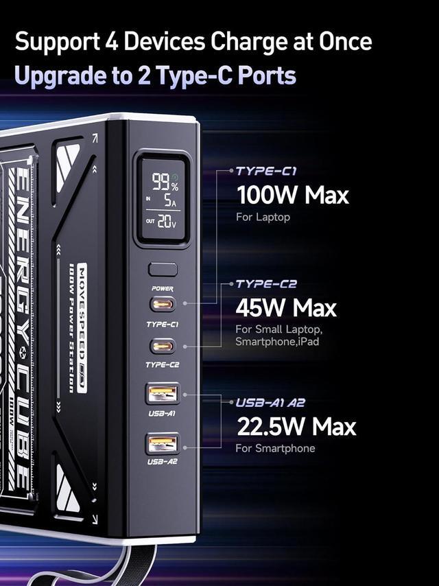 Alt view image 4 of 7 - Power Bank 70,000mAh 100W, Support 4 Outputs Fast Charging, External Battery Bank with Digital Display, Lighting and SOS Mode, USB-C Battery Packs for Laptop,iPhone,Camping,Cyberpunk Style