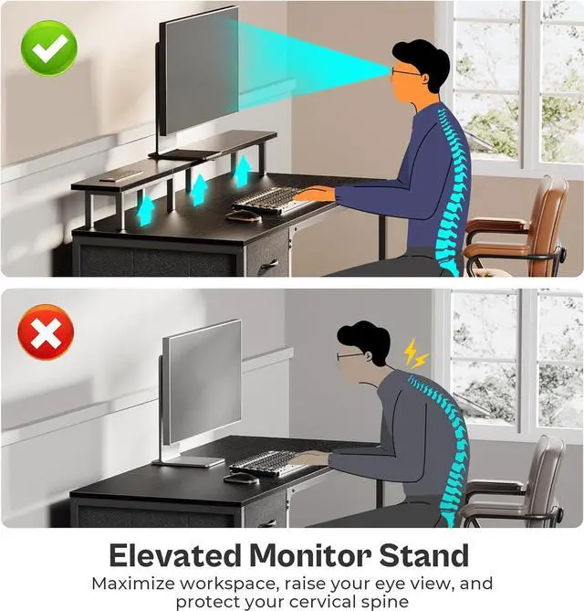 Alt view image 4 of 7 - 55" Computer Desk with Power Outlets and LED Lights, 55 Inches Gaming Desk with 4 Drawers, Office Desk with Monitor Stand, Study Desk Work Desk for Home Office, Small Spaces, Black
