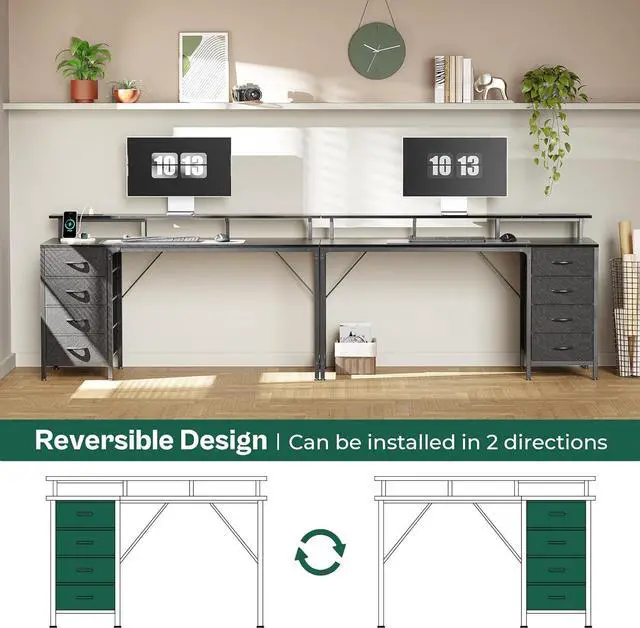 Alt view image 6 of 7 - 55" Computer Desk with Power Outlets and LED Lights, 55 Inches Gaming Desk with 4 Drawers, Office Desk with Monitor Stand, Study Desk Work Desk for Home Office, Small Spaces, Black