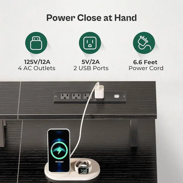 Alt view image 5 of 7 - 55" Computer Desk with Power Outlets and LED Lights, 55 Inches Gaming Desk with 4 Drawers, Office Desk with Monitor Stand, Study Desk Work Desk for Home Office, Small Spaces, Black