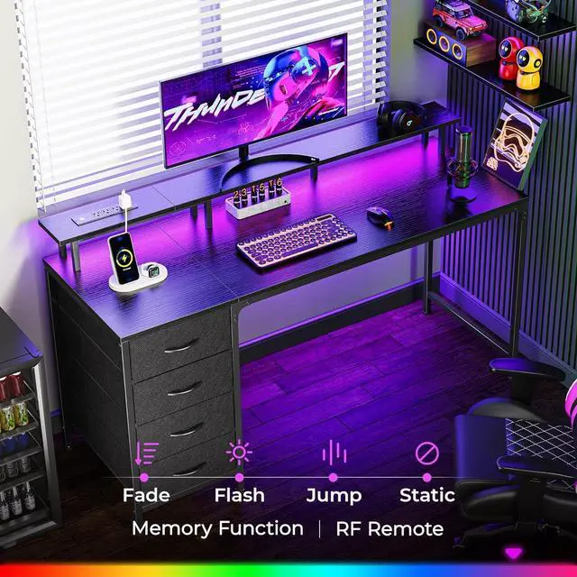 Alt view image 3 of 7 - 55" Computer Desk with Power Outlets and LED Lights, 55 Inches Gaming Desk with 4 Drawers, Office Desk with Monitor Stand, Study Desk Work Desk for Home Office, Small Spaces, Black