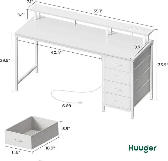 Alt view image 2 of 7 - 55" Computer Desk with Power Outlets and LED Lights, 55 Inches Gaming Desk with 4 Drawers, Office Desk with Monitor Stand, Study Desk Work Desk for Home Office, Small Spaces, White
