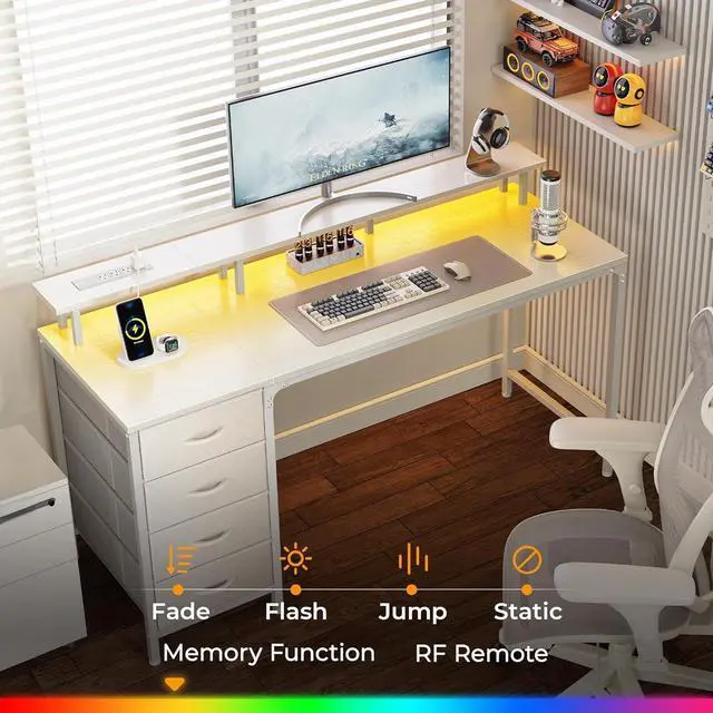 Alt view image 3 of 7 - 55" Computer Desk with Power Outlets and LED Lights, 55 Inches Gaming Desk with 4 Drawers, Office Desk with Monitor Stand, Study Desk Work Desk for Home Office, Small Spaces, White
