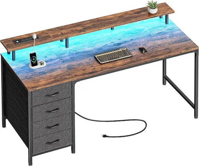 Main image of 55" Computer Desk with Power Outlets and LED Lights, 55 Inches Gaming Desk with 4 Drawers, Office Desk with Monitor Stand, Study Desk Work Desk for Home Office, Small Spaces, Rustic Brown