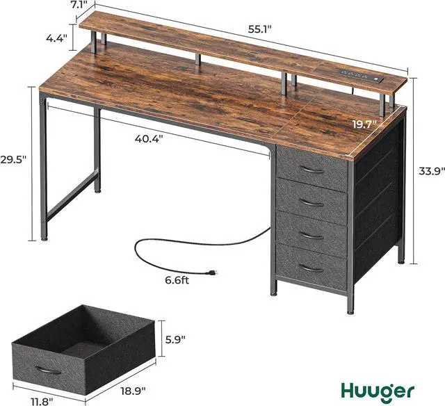 Alt view image 2 of 7 - 55" Computer Desk with Power Outlets and LED Lights, 55 Inches Gaming Desk with 4 Drawers, Office Desk with Monitor Stand, Study Desk Work Desk for Home Office, Small Spaces, Rustic Brown