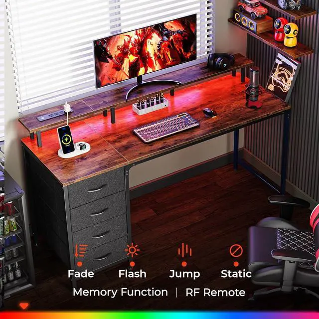Alt view image 3 of 7 - 55" Computer Desk with Power Outlets and LED Lights, 55 Inches Gaming Desk with 4 Drawers, Office Desk with Monitor Stand, Study Desk Work Desk for Home Office, Small Spaces, Rustic Brown