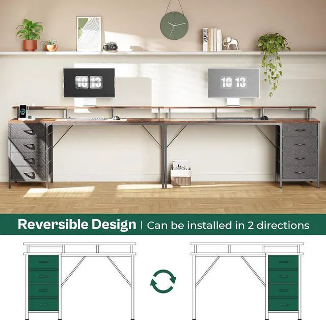 Alt view image 6 of 7 - 63" Computer Desk with Power Outlets and LED Lights, 63 Inches Gaming Desk with 4 Drawers, Office Desk with Monitor Stand, Study Desk Work Desk for Home Office, Small Spaces, Rustic Brown