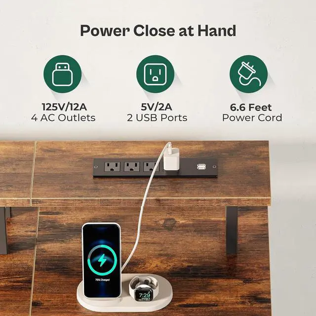 Alt view image 4 of 7 - 63" Computer Desk with Power Outlets and LED Lights, 63 Inches Gaming Desk with 4 Drawers, Office Desk with Monitor Stand, Study Desk Work Desk for Home Office, Small Spaces, Rustic Brown