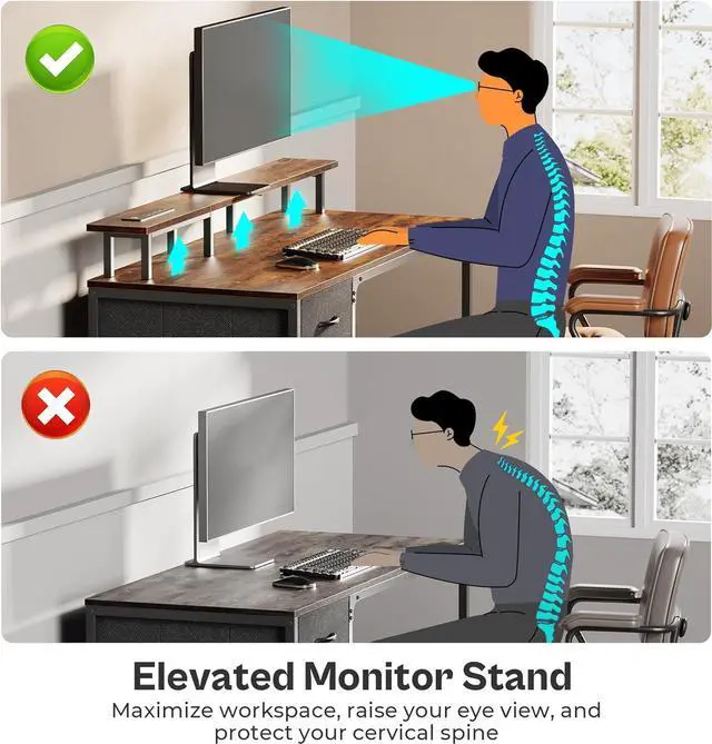 Alt view image 7 of 7 - 63" Computer Desk with Power Outlets and LED Lights, 63 Inches Gaming Desk with 4 Drawers, Office Desk with Monitor Stand, Study Desk Work Desk for Home Office, Small Spaces, Rustic Brown