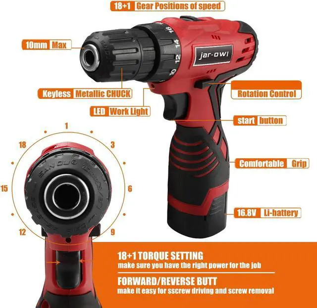 Alt view image 3 of 6 - 108 Piece Power Tool Combo Kits with 16.8V Cordless Drill, Household Tools Set with DIY Hand Tool Kits for Professional Garden Office Home Repair Maintain-Black/Red