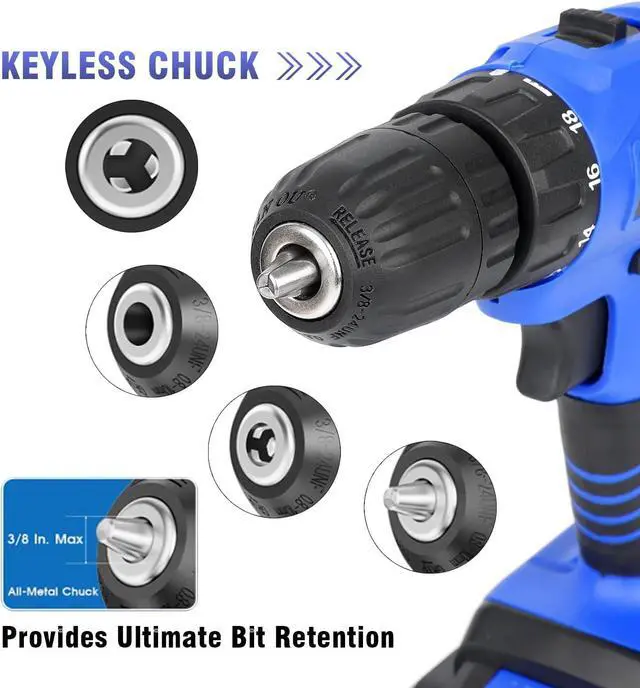 Alt view image 4 of 7 - Portable Power Drill Set with 37PCS Drill Bit,21V Cordless Drill Driver Kit with Battery and Charger,Jar-owl Home Tool Kit with Electric Drill for Men Women Garden Office Repair Maintain-Blue