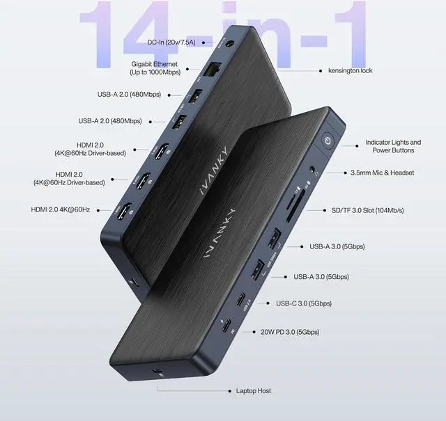 Alt view image 2 of 7 - 14-in-1 FusionDock Pro 1 MacBook DisplayLink Docking Station with 150W Power Adapter, Triple 4K@60Hz Monitor for M1/ M2/ M3 MacBook Air/Pro Dock 3HDMI 2.0, 96W PD, 6 USB, Ethernet SD/TF Audio