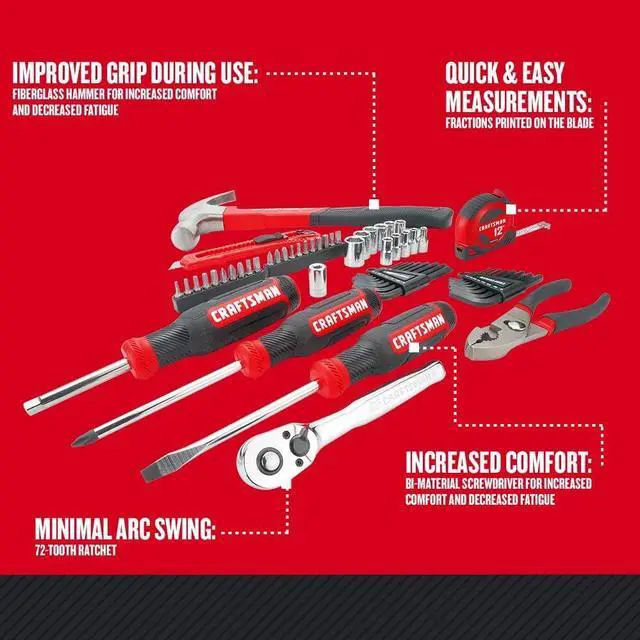 Alt view image 2 of 7 - CRAFTSMAN Home Tool Kit / Mechanics Tool Set, 57-Piece, Hammer, Screwdrivers, Drill Bits, Sockets, Ratchet, Hex Keys, Tape Measure, Pliers and More
