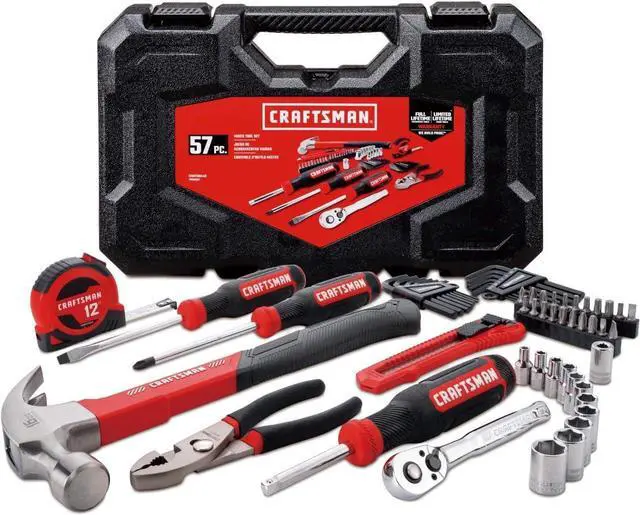 Main image of CRAFTSMAN Home Tool Kit / Mechanics Tool Set, 57-Piece, Hammer, Screwdrivers, Drill Bits, Sockets, Ratchet, Hex Keys, Tape Measure, Pliers and More