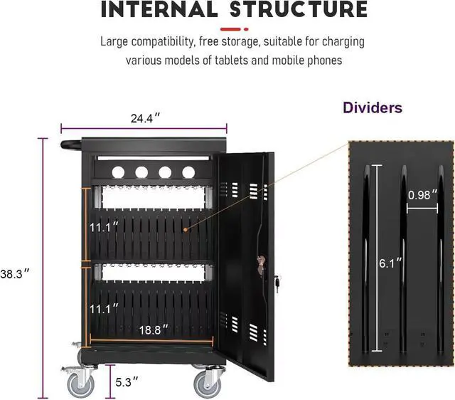 Alt view image 4 of 5 - Charging Cart and Cabinet for for 30 Ipads Devices, Chromebooks and Laptop Computers with Charging Power Strips, Up to 16-inch Screen Size, Tablet Storage Charging Cart for Classroom, Office