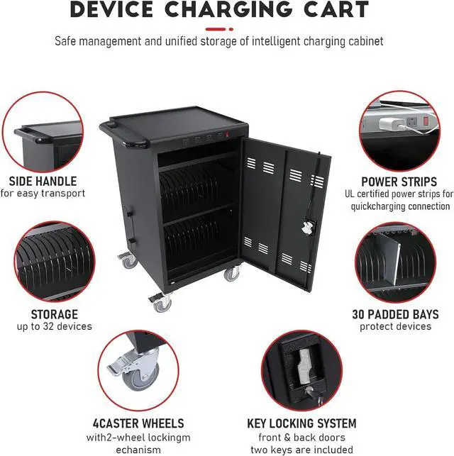 Alt view image 3 of 5 - Charging Cart and Cabinet for for 30 Ipads Devices, Chromebooks and Laptop Computers with Charging Power Strips, Up to 16-inch Screen Size, Tablet Storage Charging Cart for Classroom, Office