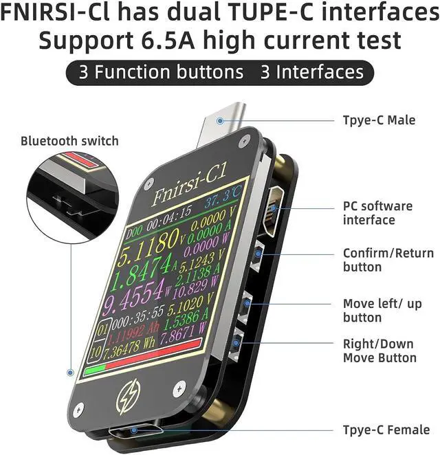 Alt view image 2 of 7 - USB Current Voltage Meter Tester - MakerHawk with Blue Tooth Type C Multimeter Tester & USB C Digital Power Meter Tester 4-24V 6.5A PD Trigger Voltmeter QC2.0 3.0