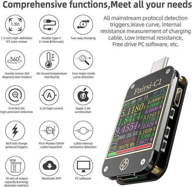 Alt view image 3 of 7 - USB Current Voltage Meter Tester - MakerHawk with Blue Tooth Type C Multimeter Tester & USB C Digital Power Meter Tester 4-24V 6.5A PD Trigger Voltmeter QC2.0 3.0