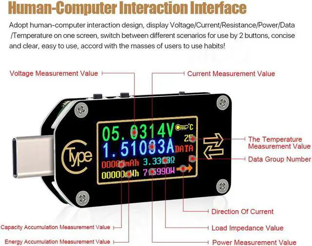 Alt view image 3 of 7 - USB Tester Bluetooth USB C Power Meter USB Voltage Meter Type-C Current and Voltage Monitor, USB Safety Tester, PD Battery Capacity Meter, Digital Color LCD Display Multimeter