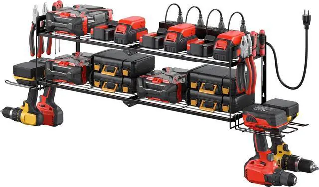 Main image of Large Garage Tools Storage with Charging Station. Power Tool Battery Organizer Utility Shelf with Power Strip. 4 Drills Holder Wall Mount Rack.